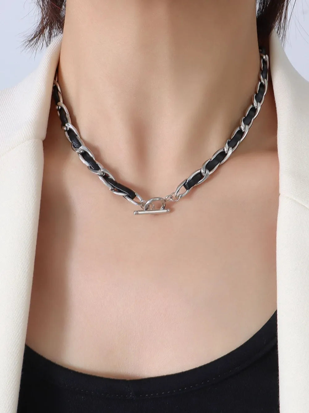 Hip hop design neck chain titanium steel plated 18k real gold leather rope necklace - Korvel