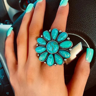 Artificial Turquoise Alloy Flower Ring - Korvel
