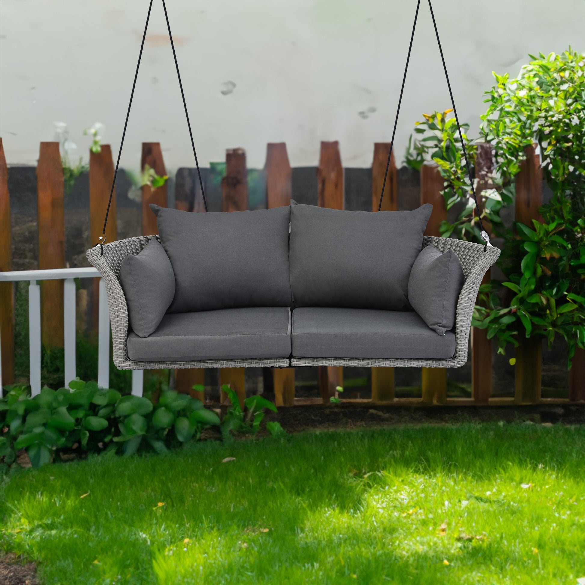 GO 51.9" 2-Person Hanging Seat, Rattan Woven Swing Chair, Porch Swing With Ropes, Gray Wicker And Cushion - Korvel