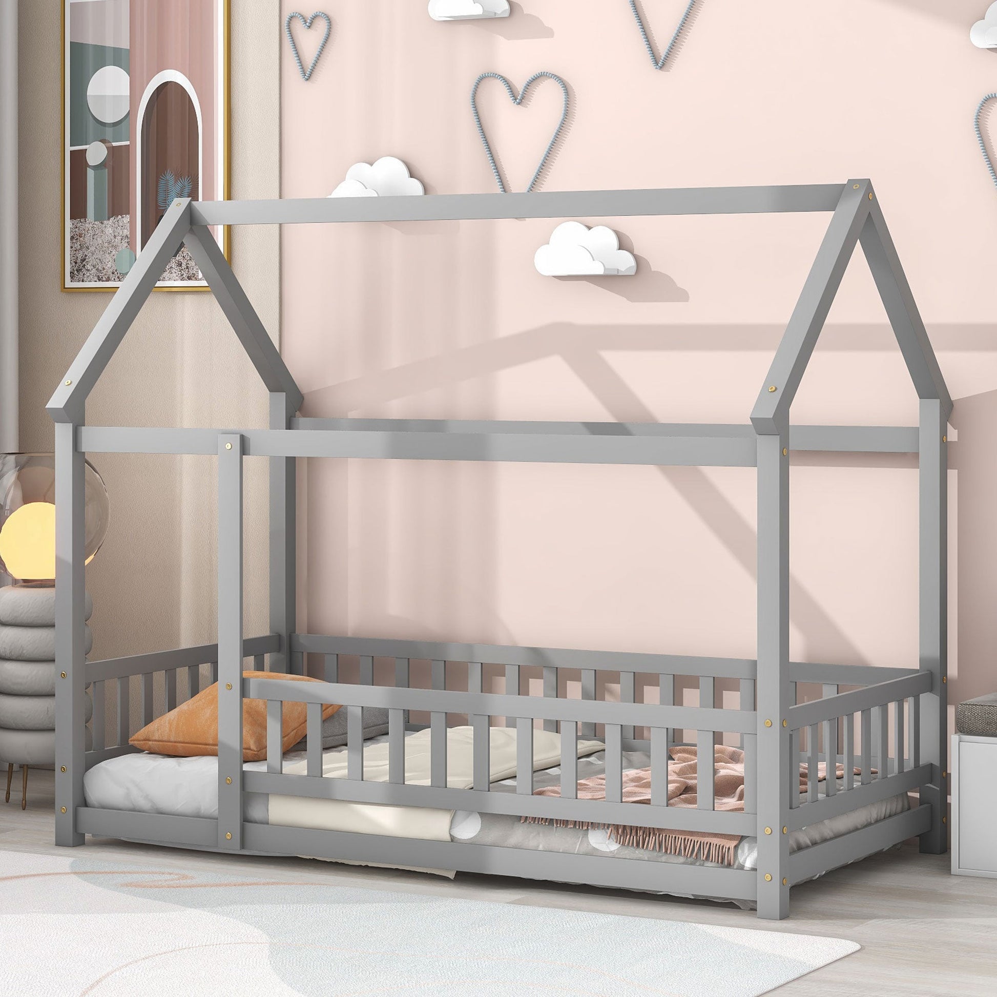 Twin Size Floor Wooden Bed with House Roof Frame, Fence Guardrails,Grey - Korvel
