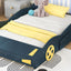 Full Size Race Car-Shaped Platform Bed with Wheels and Storage, Dark Blue+Yellow - Korvel