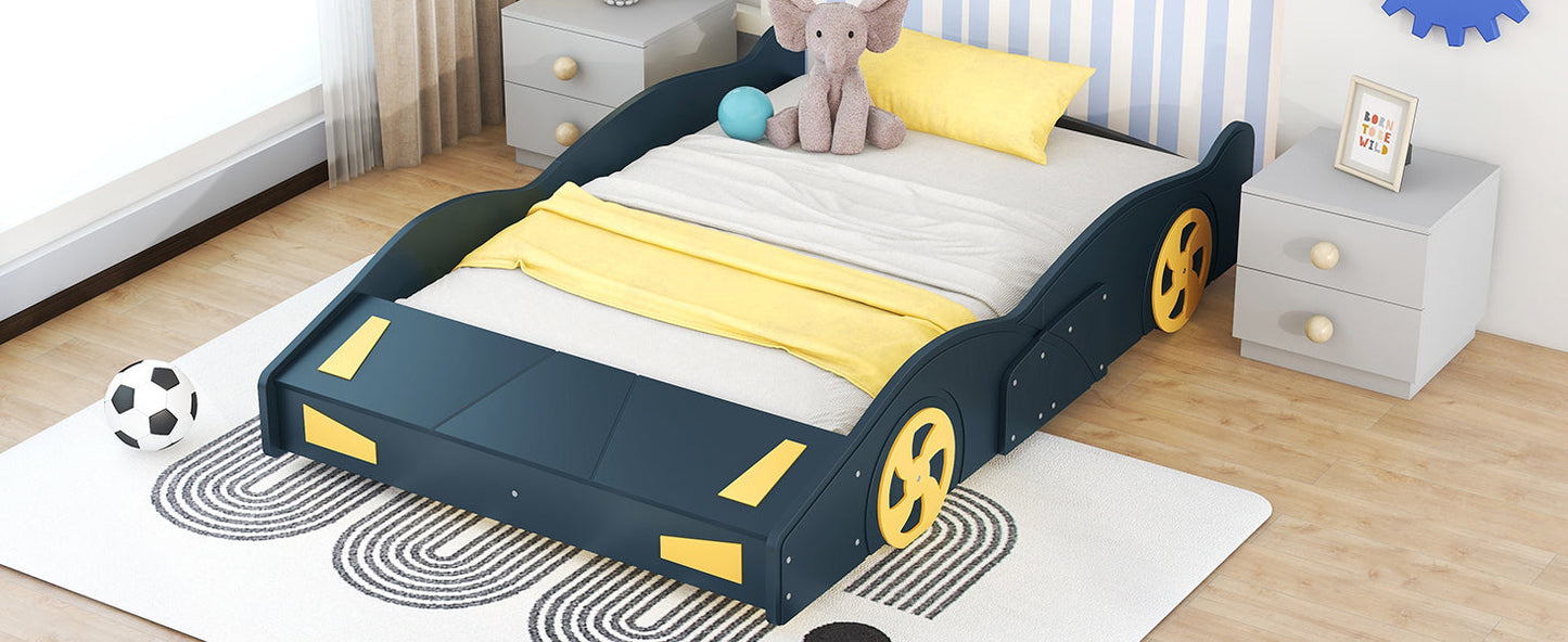 Full Size Race Car-Shaped Platform Bed with Wheels and Storage, Dark Blue+Yellow - Korvel