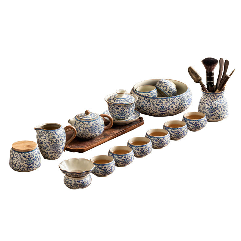 Kung Fu tea set blue and white lotus tea pot fair cup tea can ceramic lid bowl - Korvel