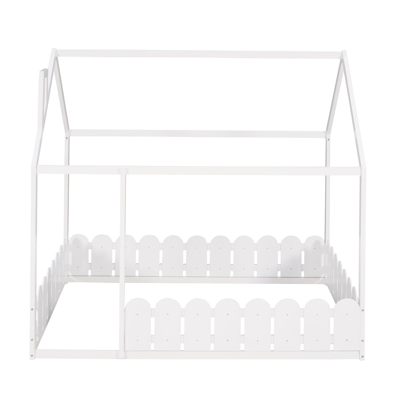 (Slats are not included) Full Size Wood Bed House Bed Frame with Fence for Kids Teens Girls Boys (White ) - Korvel