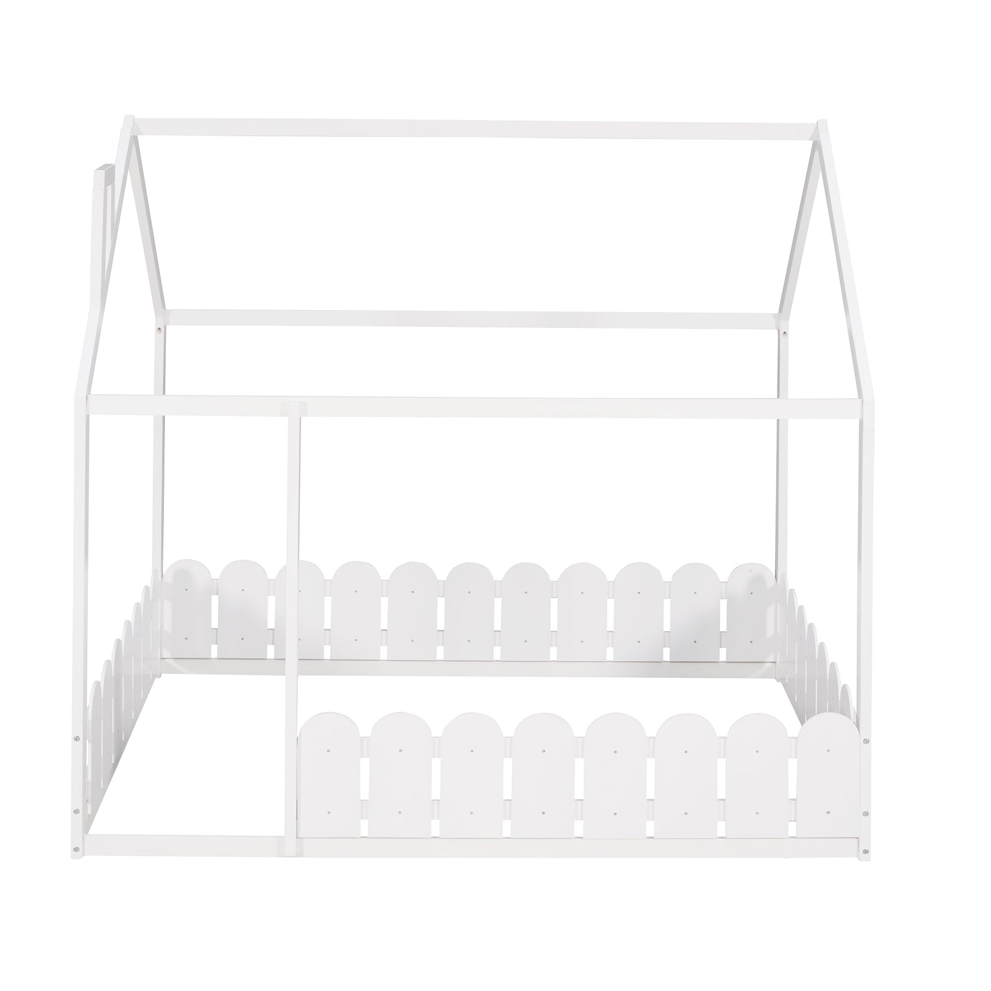 (Slats are not included) Full Size Wood Bed House Bed Frame with Fence for Kids Teens Girls Boys (White ) - Korvel