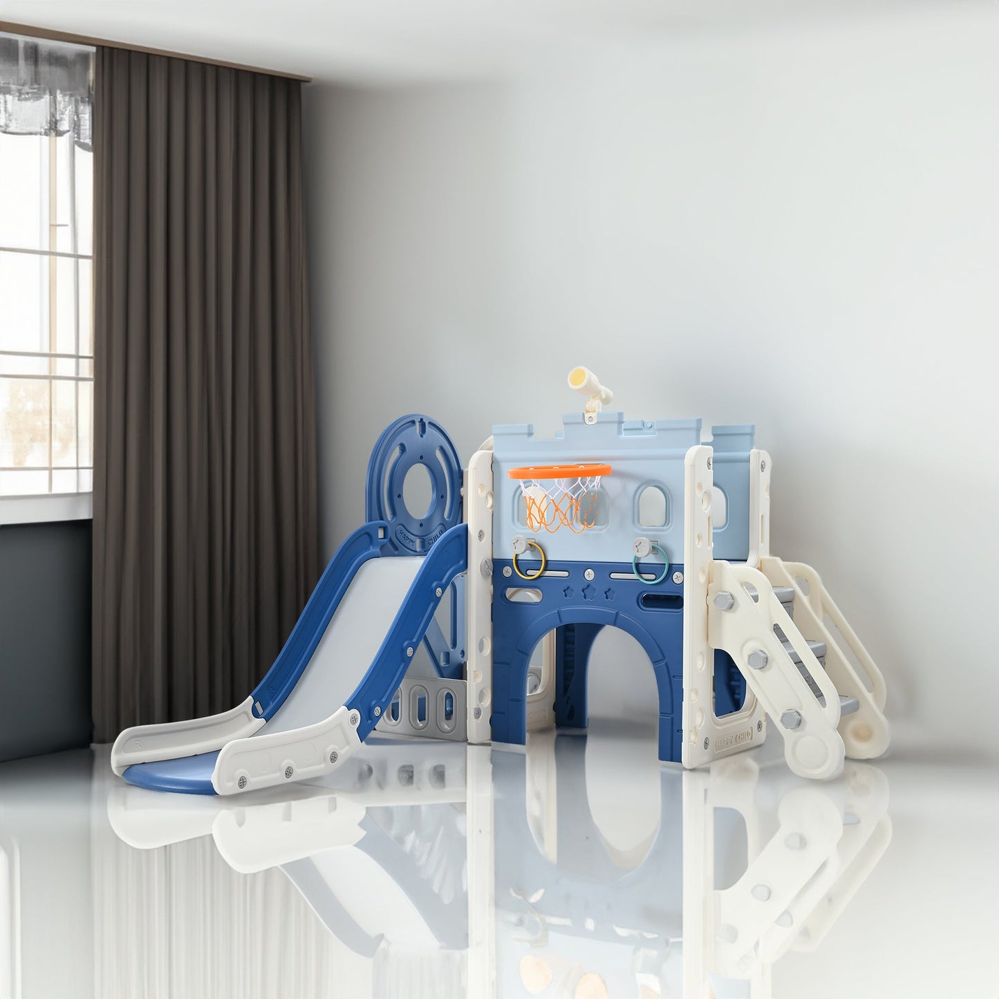 9-1 Toddler Slide Set,Kids Slide for Toddlers Ages 1+, Basketball Hoop, Tunnel and Storage Space, Pirate Ship Themed Slide - Korvel