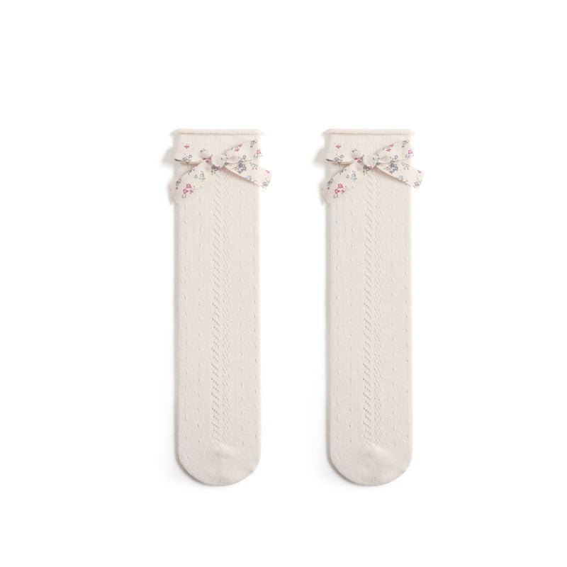 Hollow Mesh Floral Bow Princess Socks Combed Cotton Girls Stockings - Korvel