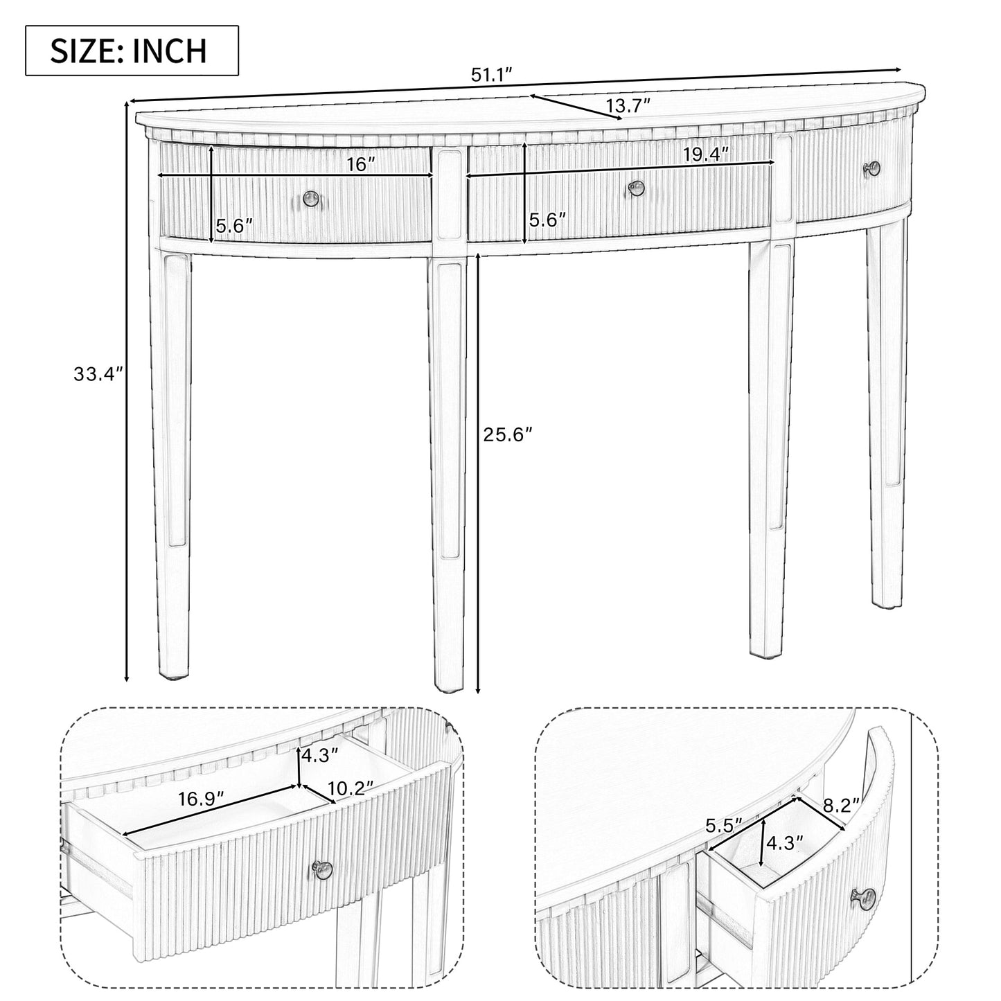 U-Style Distinctive Features of Pine Veneer Console Table with Vertical Stripe Drawer Fronts and Four Legs - Korvel