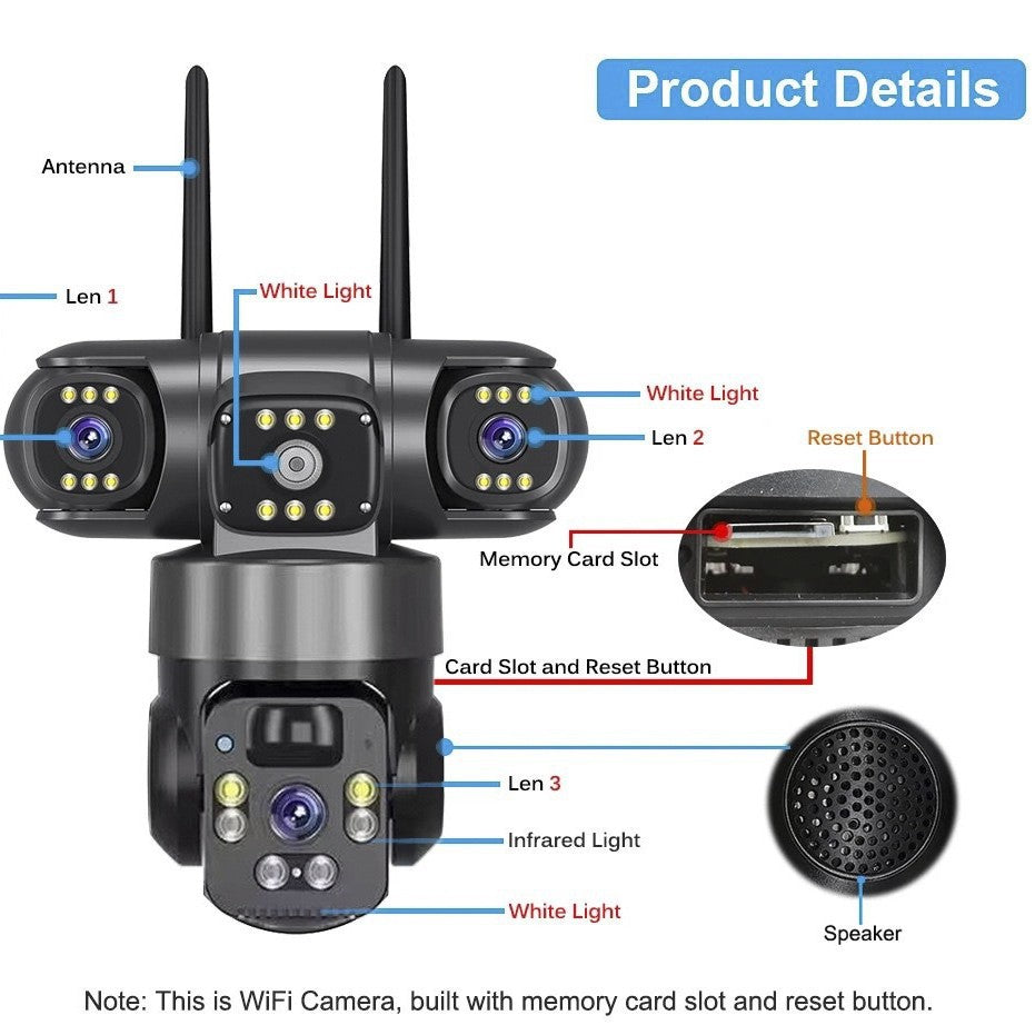 V380 360-Degree Panoramic 3-View 3-Lens Wireless WiFi/4G Solar-Powered Camera Surveillance System - Korvel