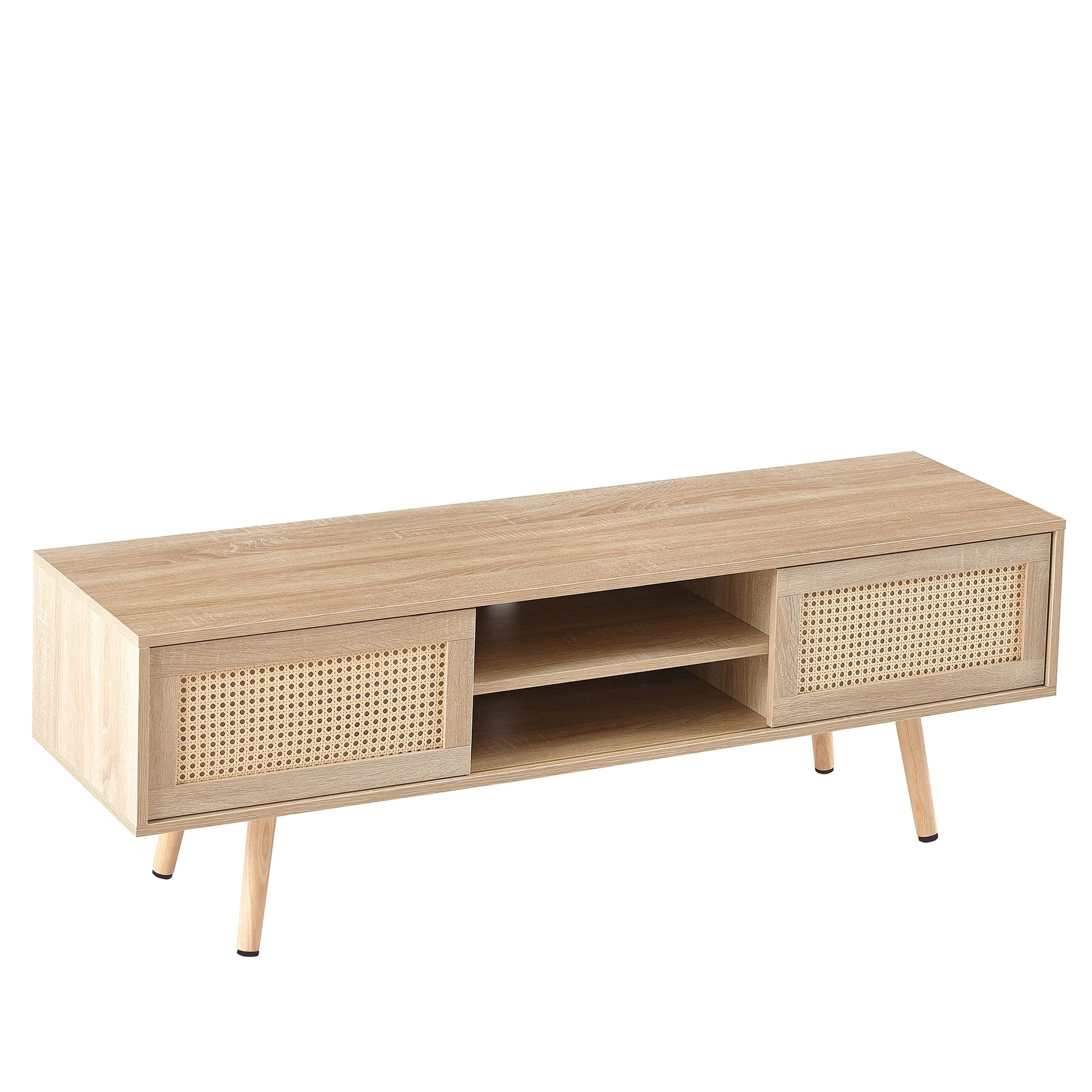 55.12" Rattan TV cabinet double sliding doors for storage adjustable shelf solid wood legs TV console for living room natural - Korvel
