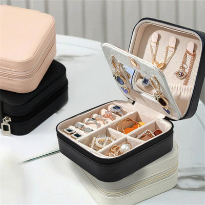 Portable Leather Jewelry Box - Travel Organizer with Mirror