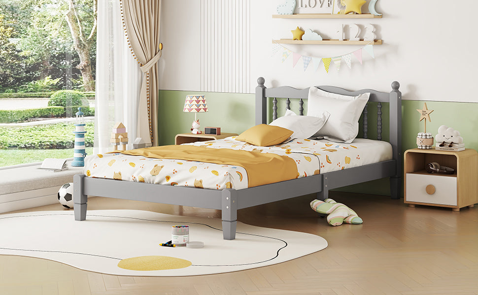Twin Bed with Column-Decoration Headboard, with Bed Slats,Grey - Korvel