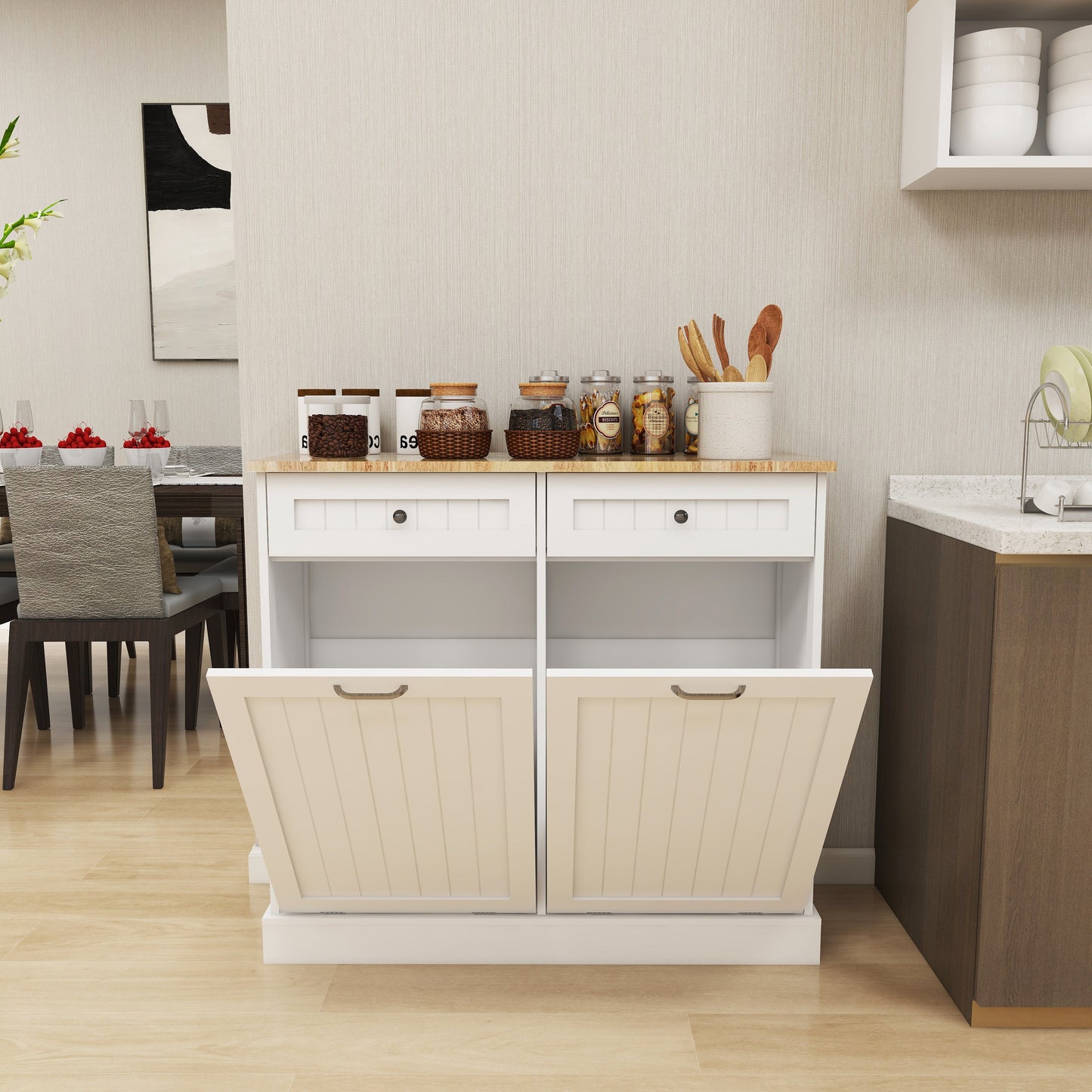 Two Drawers and Two-Compartment Tilt-Out Trash Cabinet Kitchen Trash Cabinet-White - Korvel