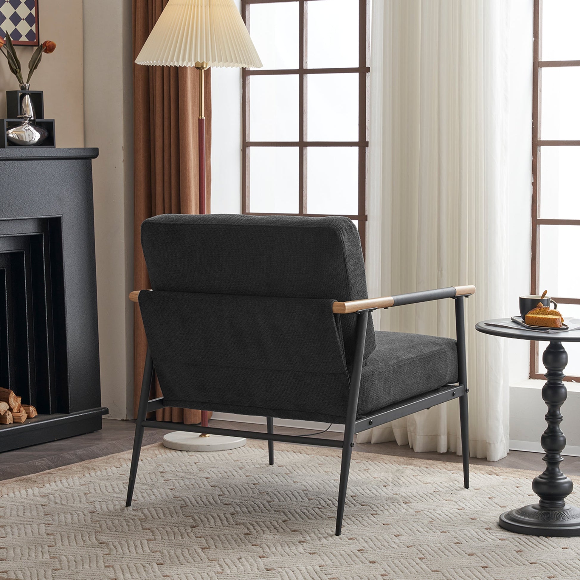 Leisure Lounge Chair Arm Chair with Metal Frame, Upholstered Side Chair Comfy Sitting Chair for Living Room, Black Chenille - Korvel