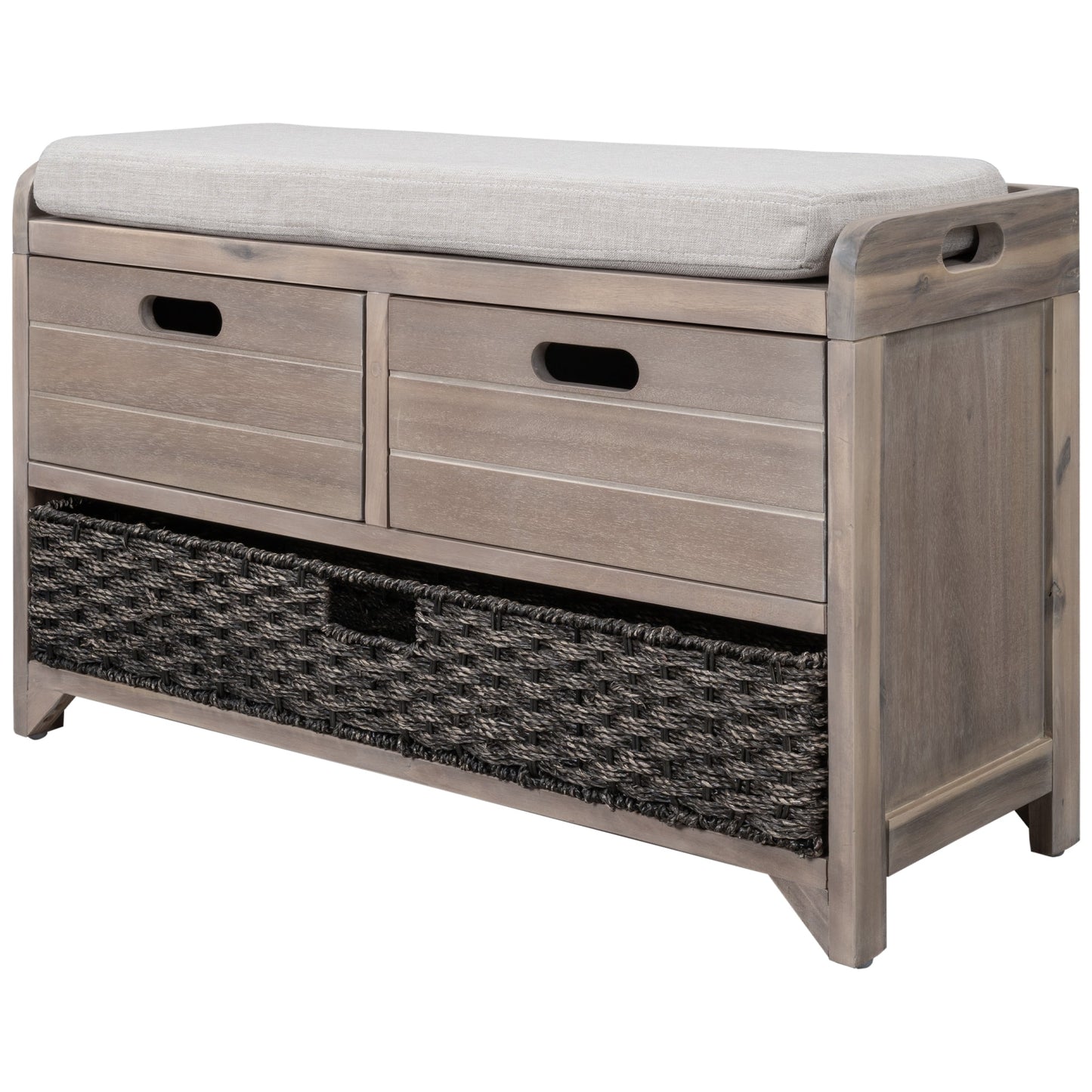 TREXM Storage Bench with Removable Basket and 2 Drawers, Fully Assembled Shoe Bench with Removable Cushion (White Washed) - Korvel