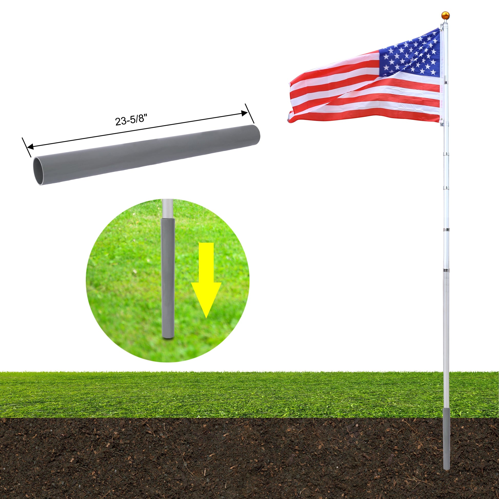 25FT segmented flagpole kit, ultra thick heavy-duty aluminum flagpole with top ball outdoor embedded flagpole - Korvel
