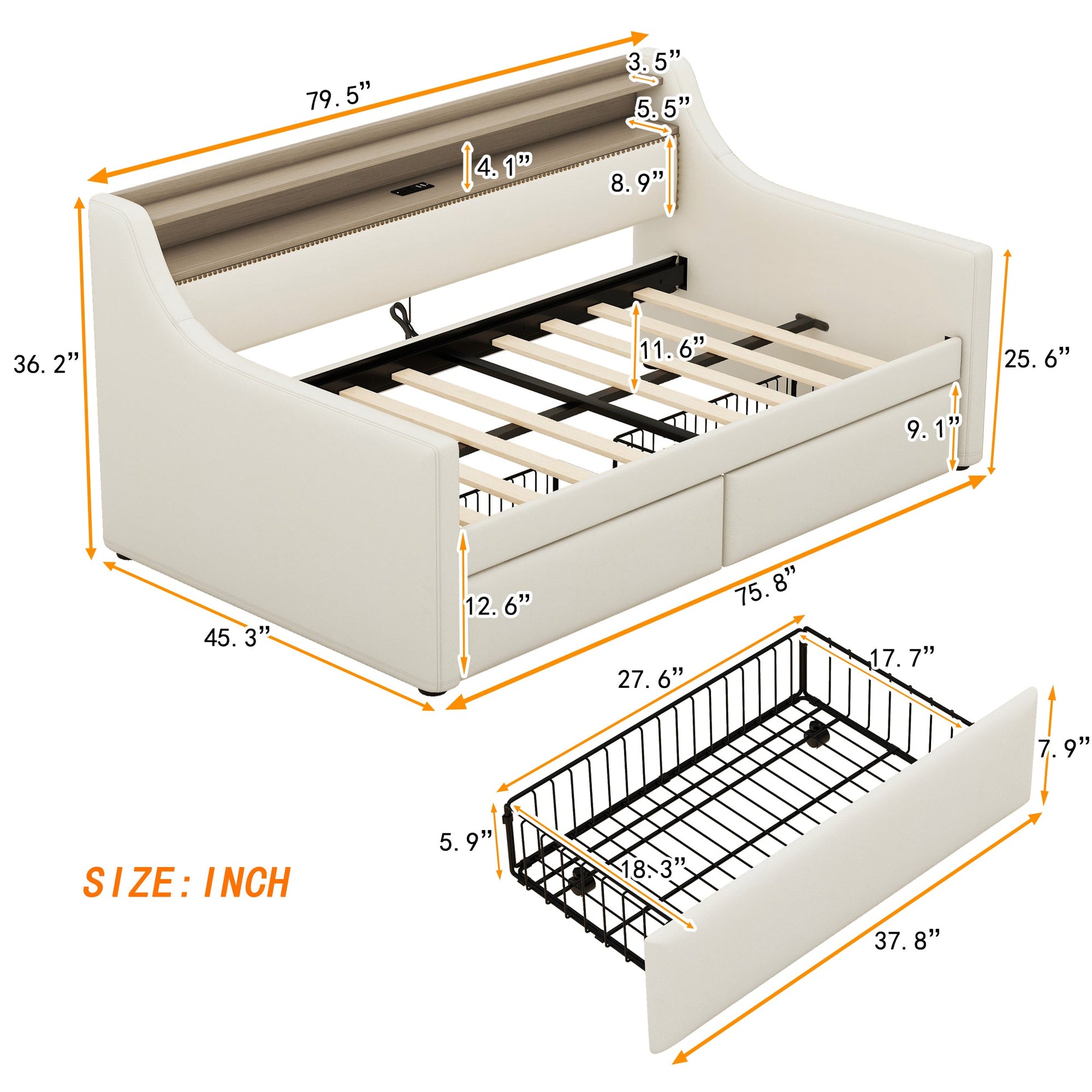 Twin Size Daybed with Storage Drawers, Upholstered Daybed with Charging Station and LED Lights, Beige - Korvel