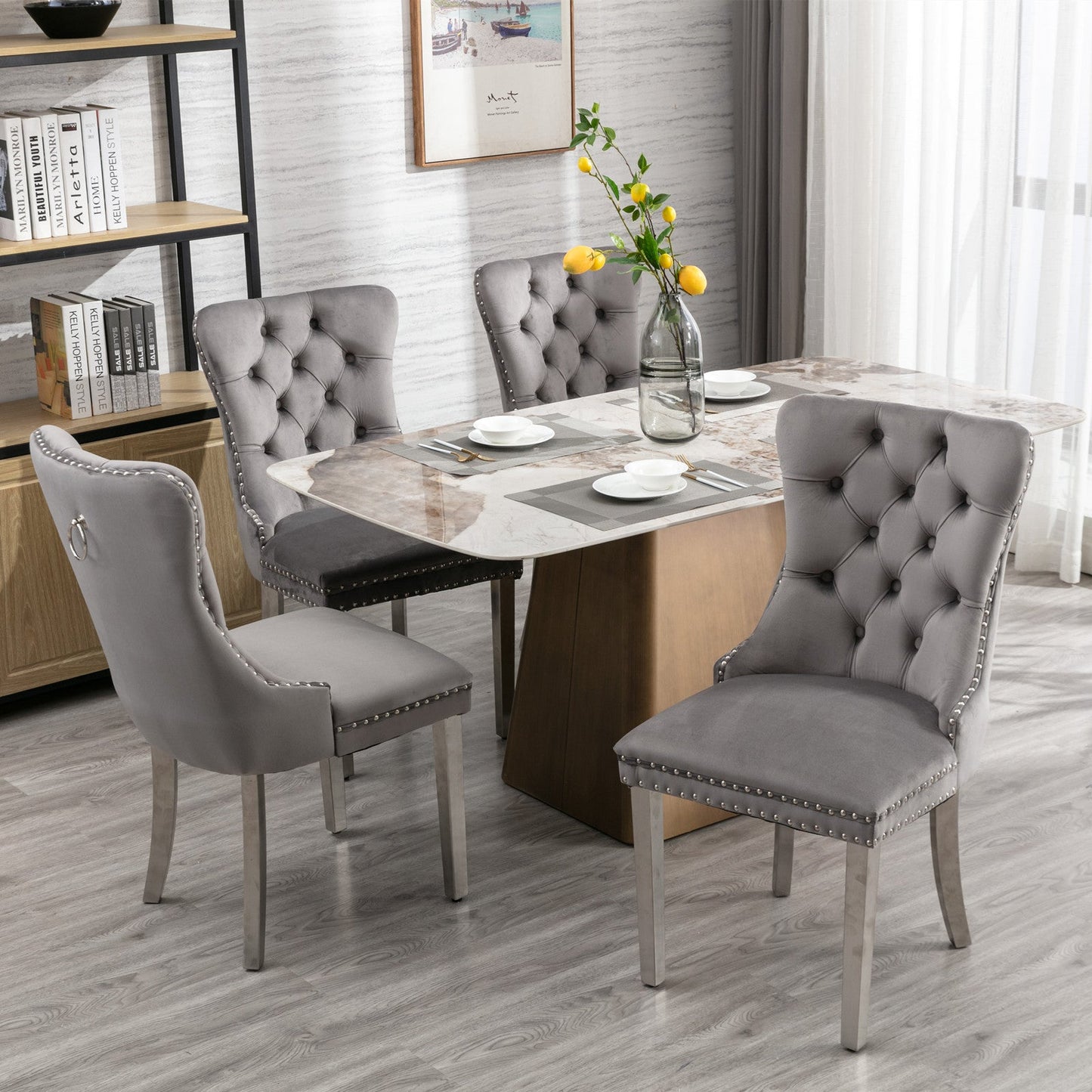 High end tufted solid wood velvet soft cushion dining chair chrome plated leg nail decoration gray and chrome two-piece set - Korvel