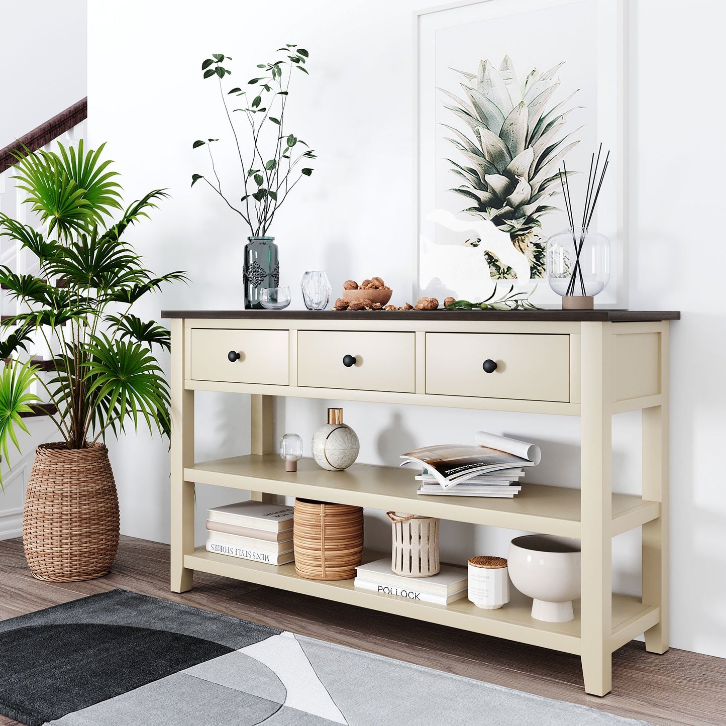 Table Console Rétro avec Étagères Ouvertes - Espresso et Beige