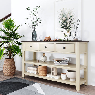 Retro Console Table with Open Shelves - Espresso & Beige