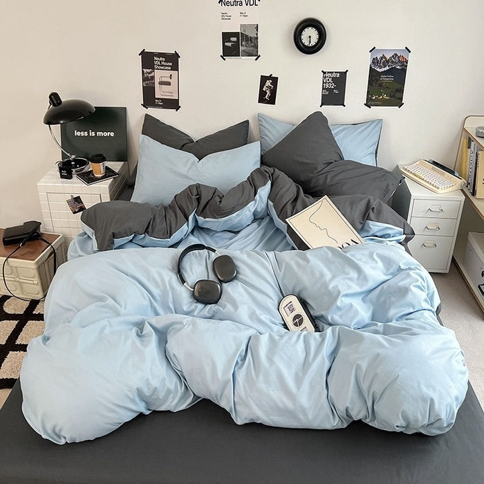 Washed Cotton Solid Color Double Spliced Four-Piece Bedding Set - Sheet, Quilt Cover, Pillowcases for Employee and Dormitory Use - Korvel