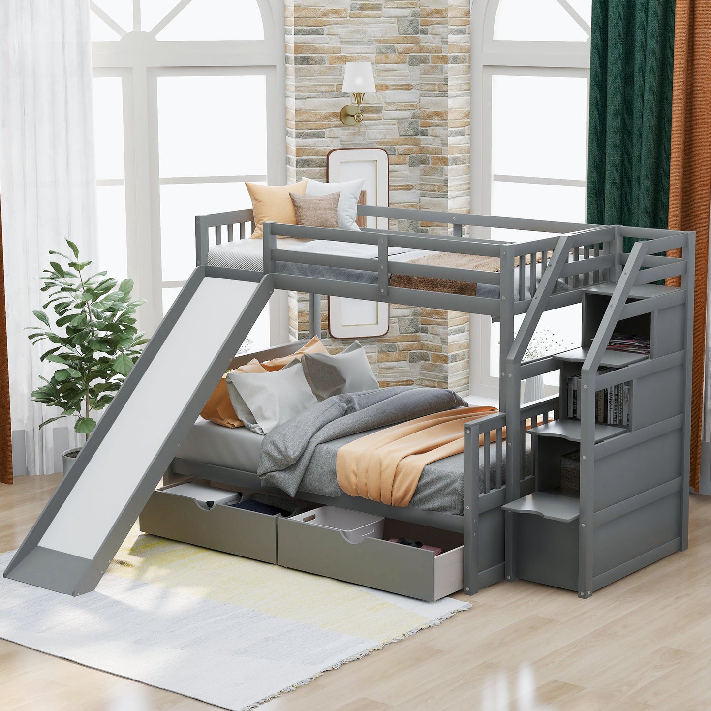 Lit superposé jumeau sur grand lit avec rangement et toboggan - Gris
