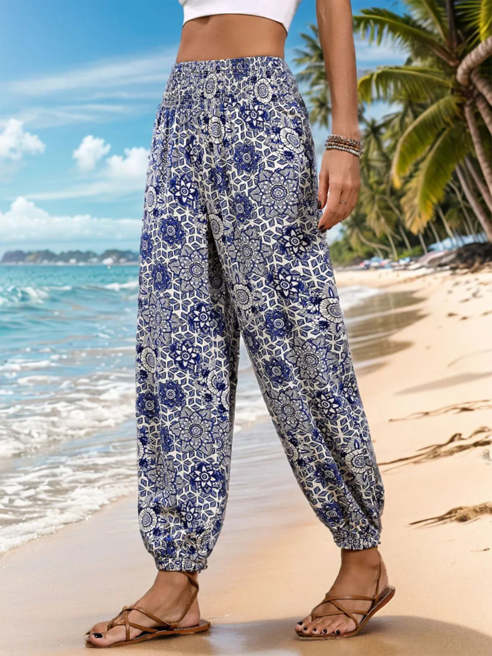 Printed Elastic Waist Pants - Korvel
