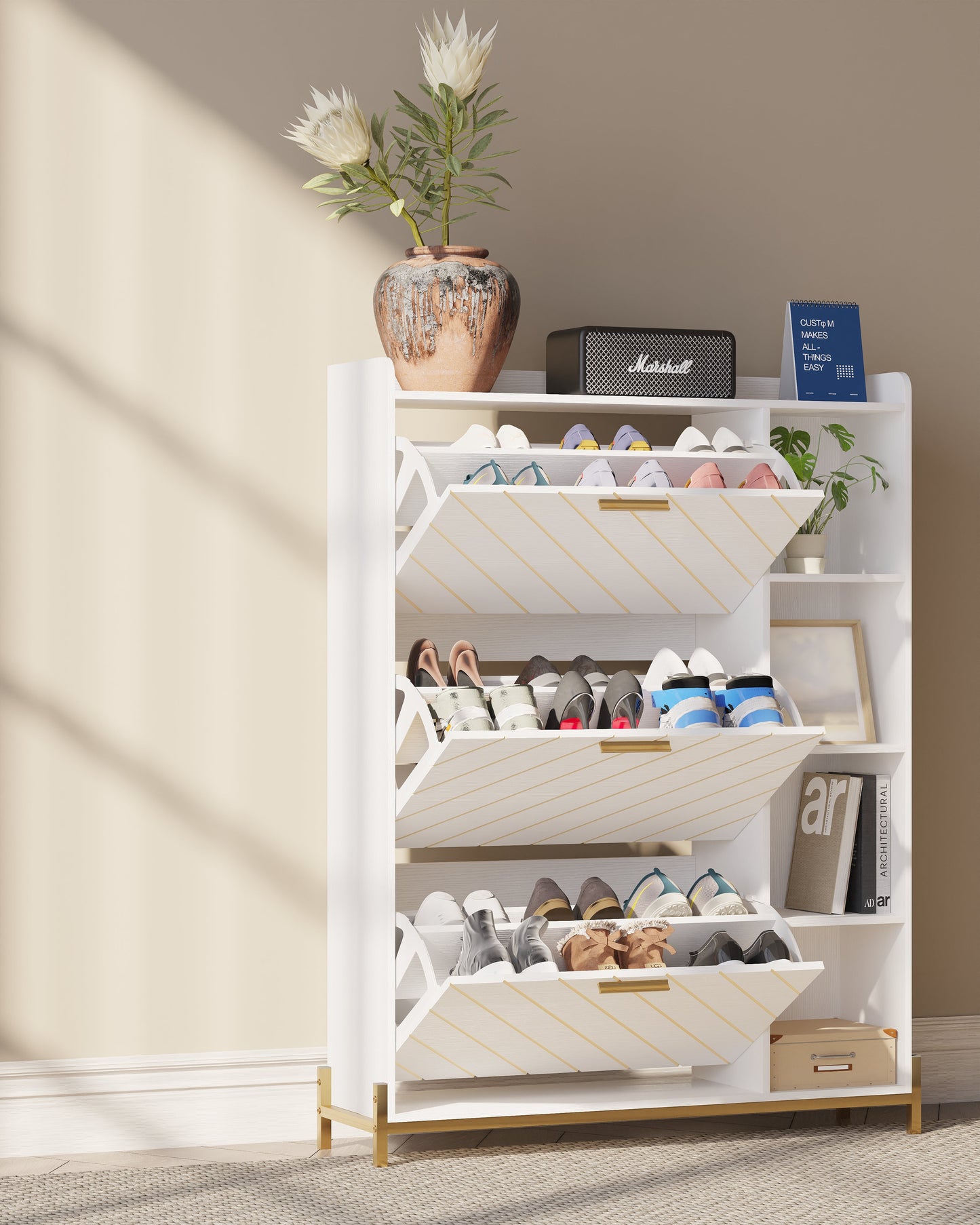 Shoe Cabinet with 3 Flip Drawers & Open Shelves, Modern Entryway Shoe Storage Cabinet Slim, Narrow Hidden Shoe Rack for Heels - Korvel