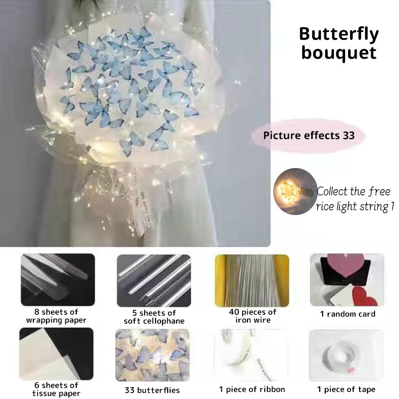 New DIY Butterfly Bouquets Handmade Butterfly Flower Material Package Bouquet with Light String Wedding Decor Gift for Girlfrien - Korvel