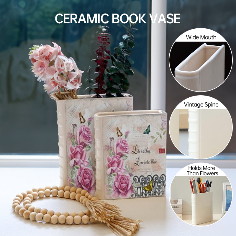 Book Vase - Ceramic, Cute & for Home Decor, with Flower & Shelf Options - Korvel