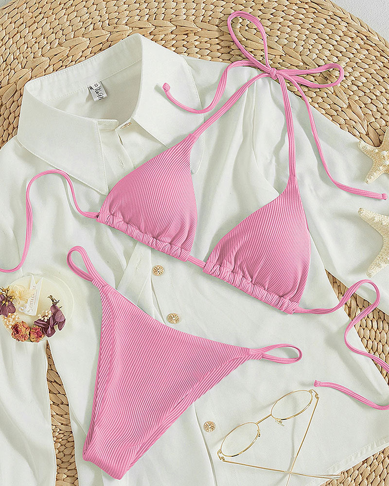 Hanging neck tie bikini multi-color three-point swimsuit hot spring swimsuit - Korvel