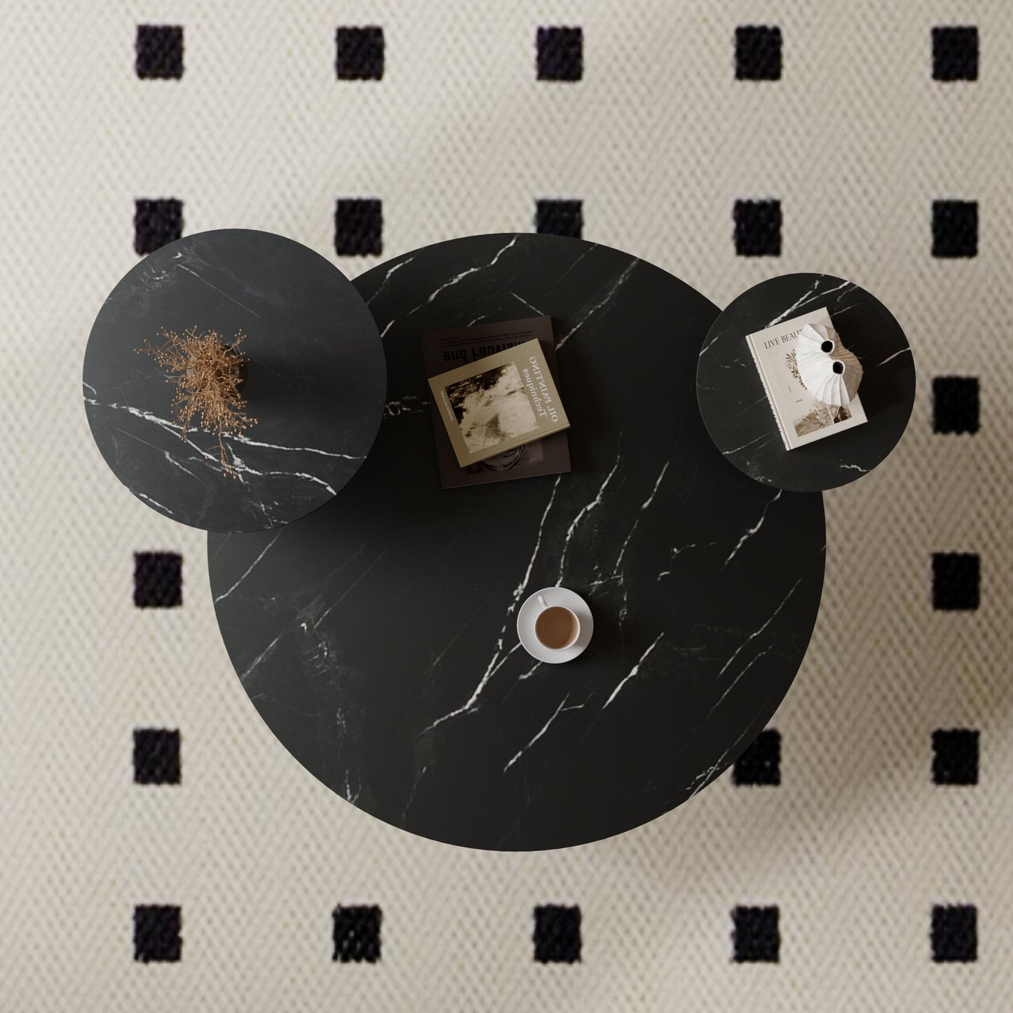 Modern coffee table with two display shelves, Black Faux marble surfaces, Tripod-inspired base,Rounded tabletop edges - Korvel