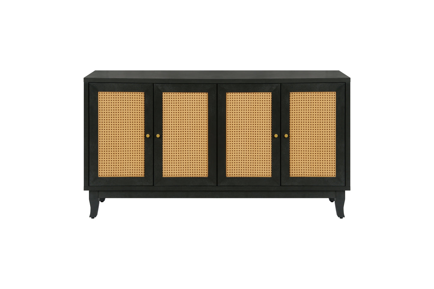 Handcrafted Premium Grain Panels Rattan Sideboard Buffer Cabinet Accent Storage Cabinet With 4 Rattan Doors BLACK - Korvel