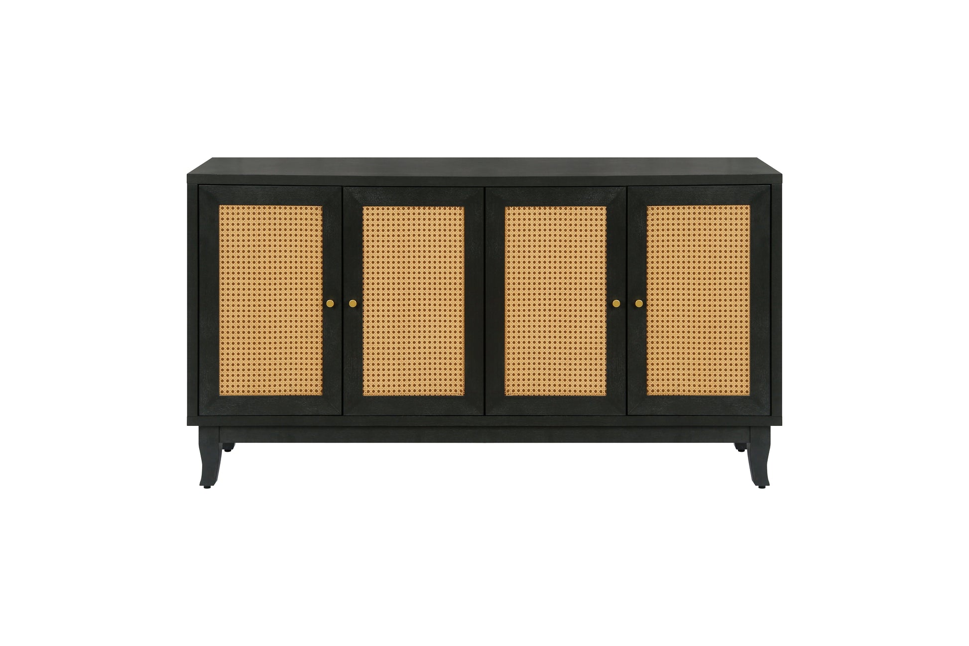 Handcrafted Premium Grain Panels Rattan Sideboard Buffer Cabinet Accent Storage Cabinet With 4 Rattan Doors BLACK - Korvel