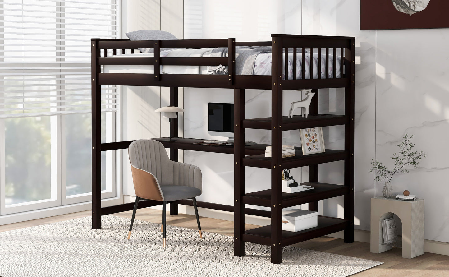 Twin Size Loft Bed with Storage Shelves and Under-bed Desk - Espresso