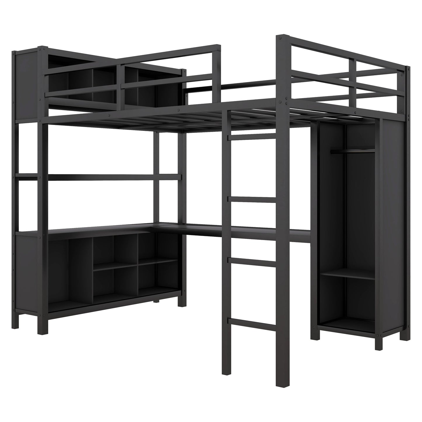 Lit mezzanine en métal premium avec armoire et bureau