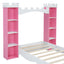 Lit jumeau en bois en forme de château avec étagère de rangement en rose et blanc