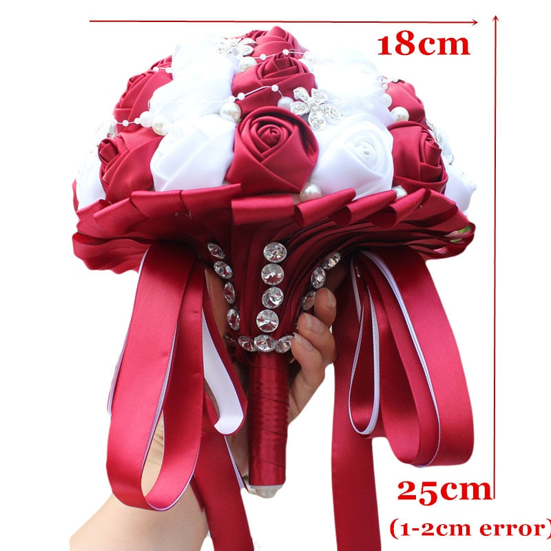 WifeLai-A Ramos De Novia Burgundy Artificial Flower Bridesmaid Wedding Bouquet - Korvel