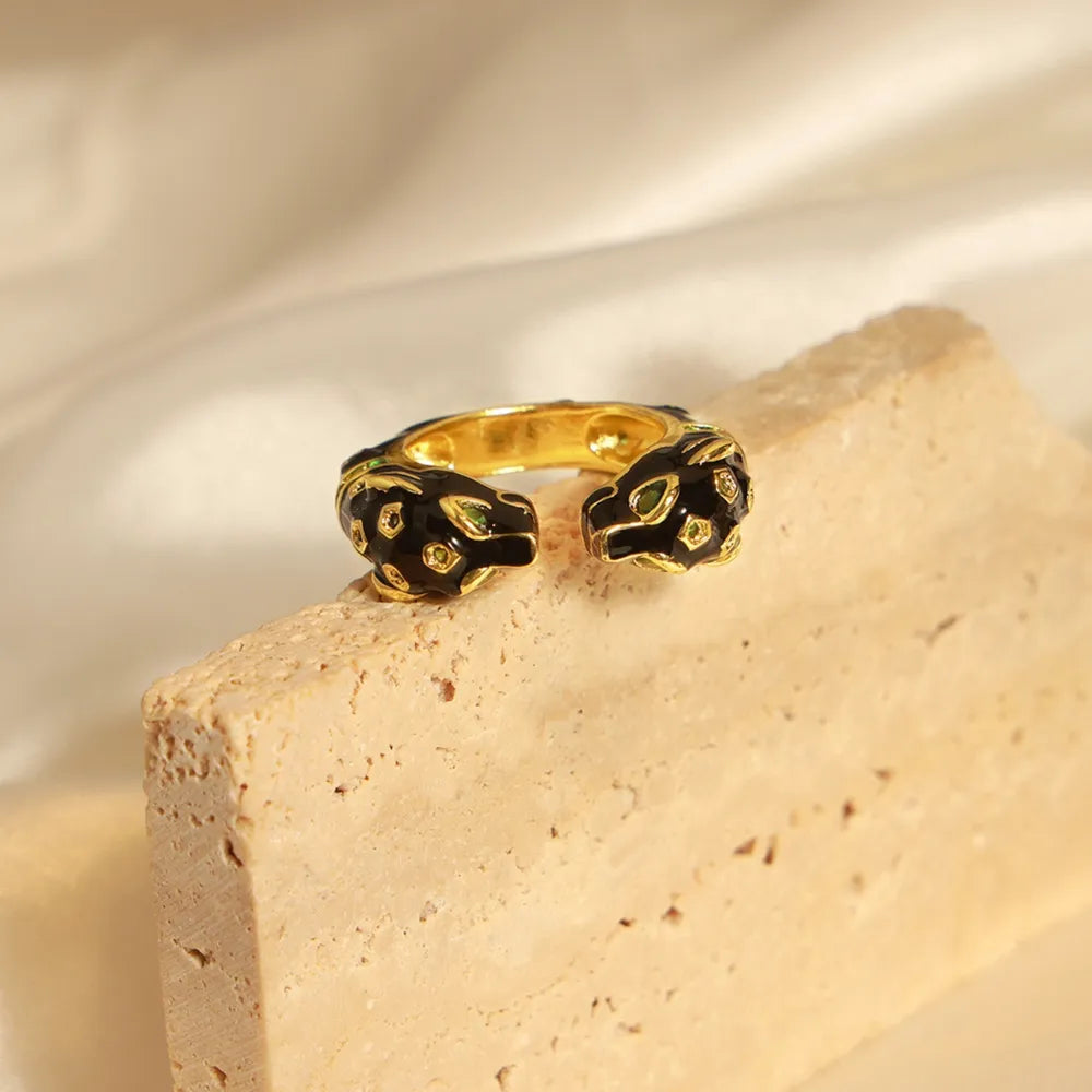 Black Panther Diamond Set Enamel Glazed Open Ring