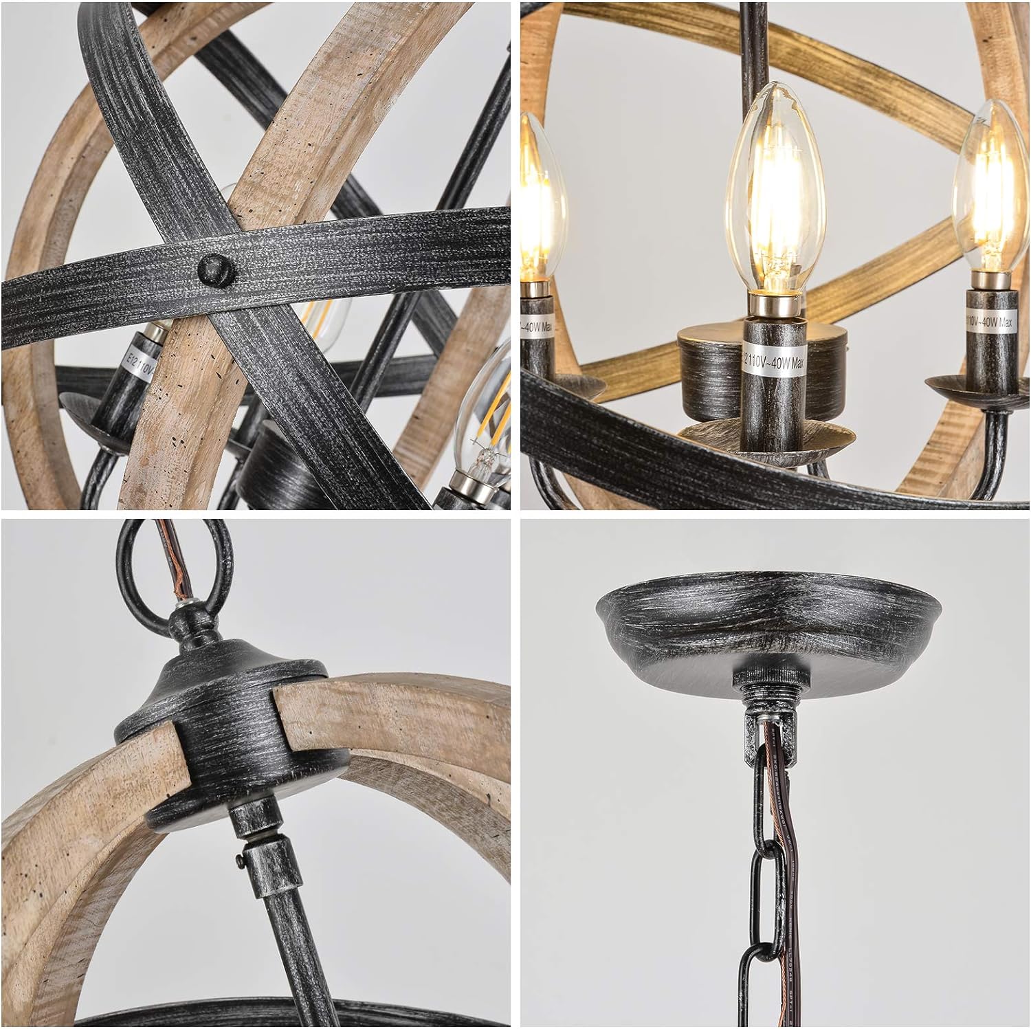 Farmhouse Chandelier Light Fixtures 4-Light Dining Room Light Fixtures Height Adjustable Rustic Wood Light - Korvel