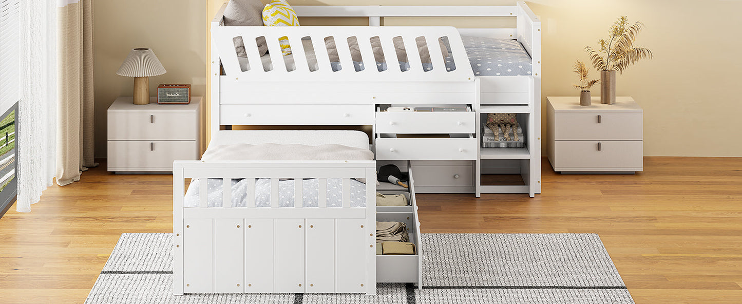 Cama loft twin en forma de L que ahorra espacio con 7 cajones - Blanca