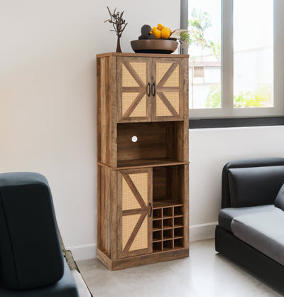 76-Inch Rustic Oak Farmhouse Wine Cabinet with Faux Rattan