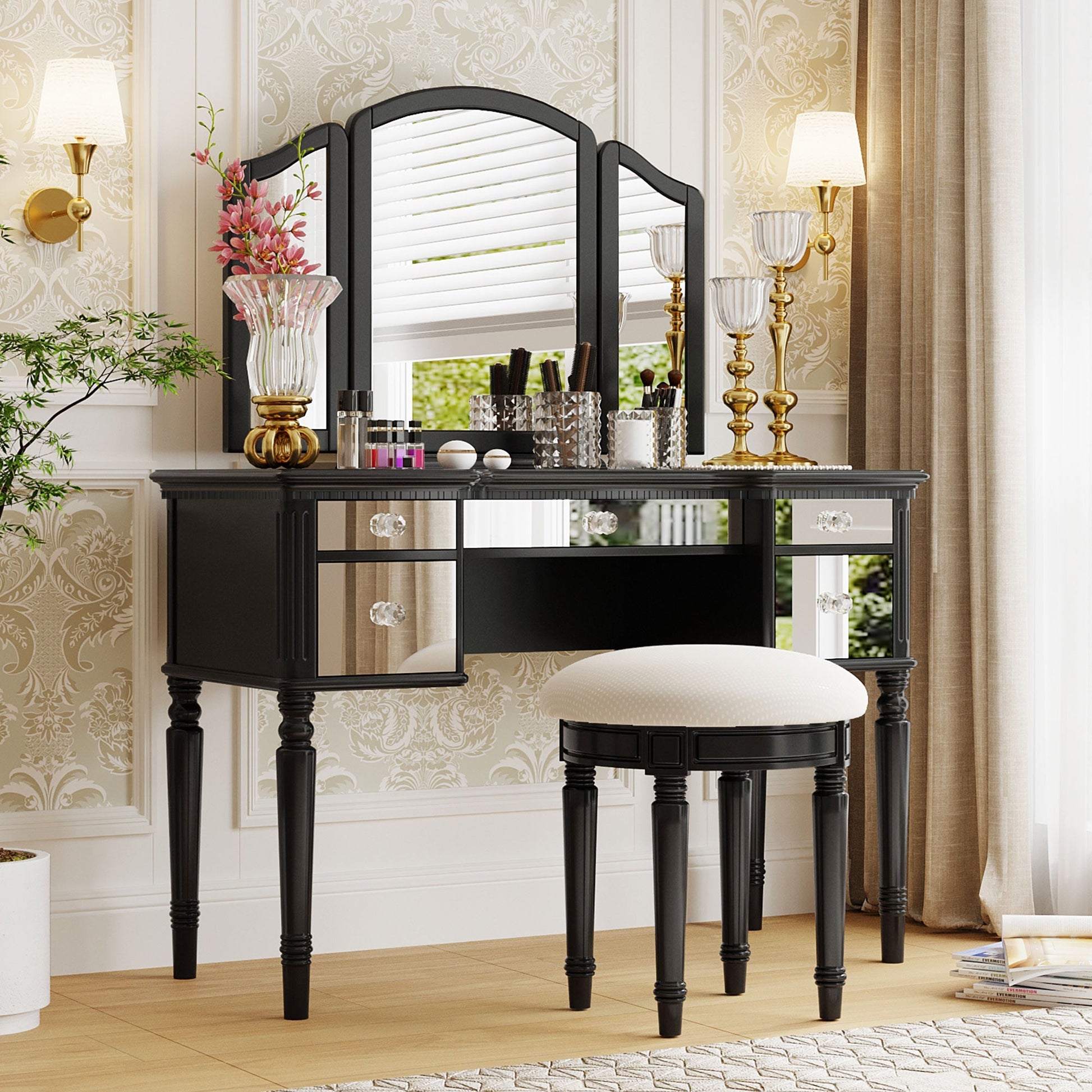 GO 43" Dressing Table Set with Mirrored Drawers and Stool, Tri-fold Mirror, Makeup Vanity Set for Bedroom, Black - Korvel