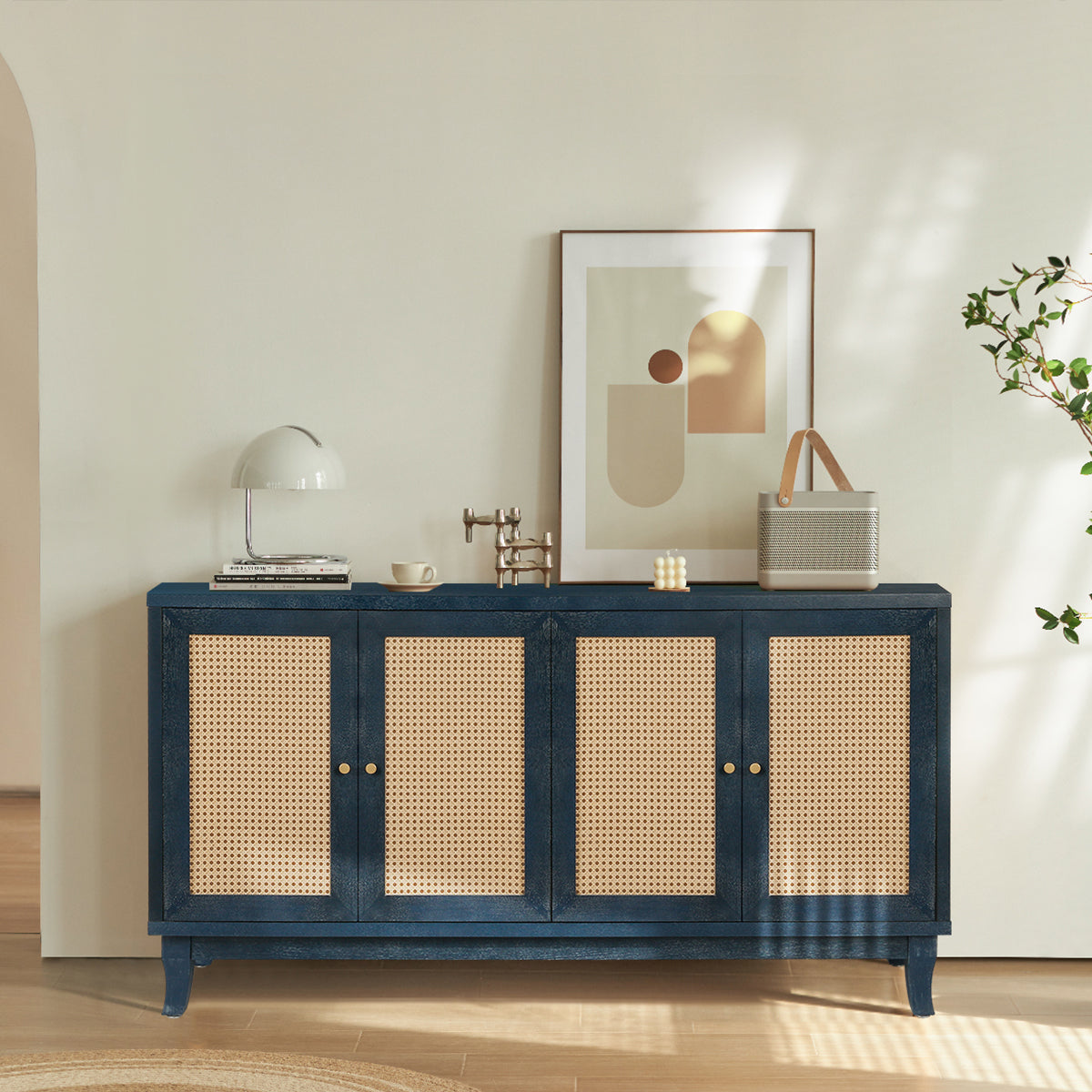 Handcrafted Premium Grain Panels Rattan Sideboard Buffer Cabinet Accent Storage Cabinet With 4 Rattan Doors BLUE - Korvel