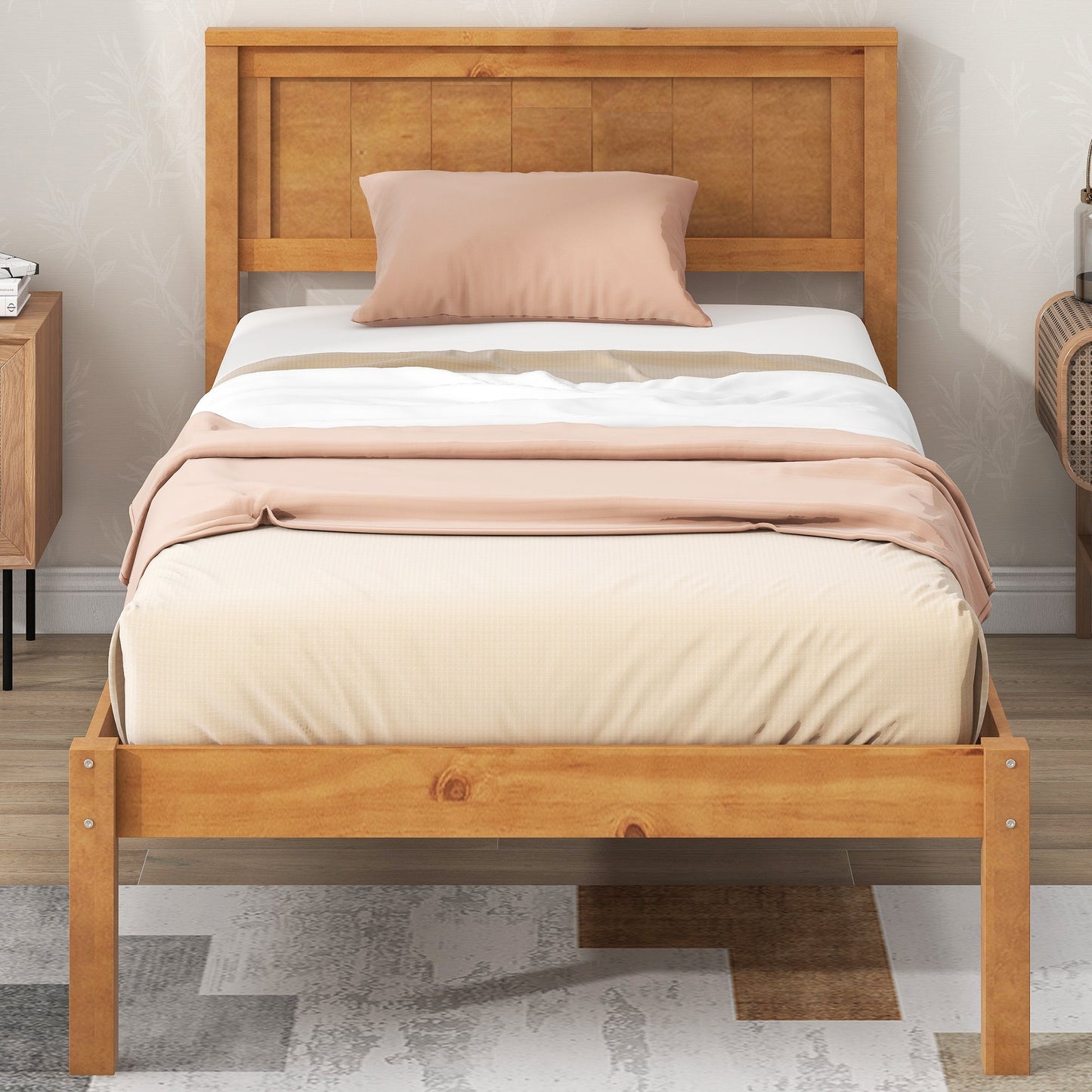 Elegant Twin Platform Bed Frame with Headboard - Oak Finish