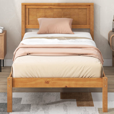 Elegant Twin Platform Bed Frame with Headboard - Oak Finish