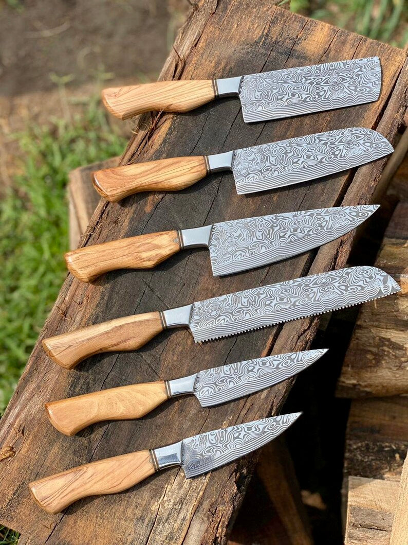 Premium Damascus Steel Kitchen Knife Set – 13" Blade with Olivewood Handle & Leather Sheath - Korvel