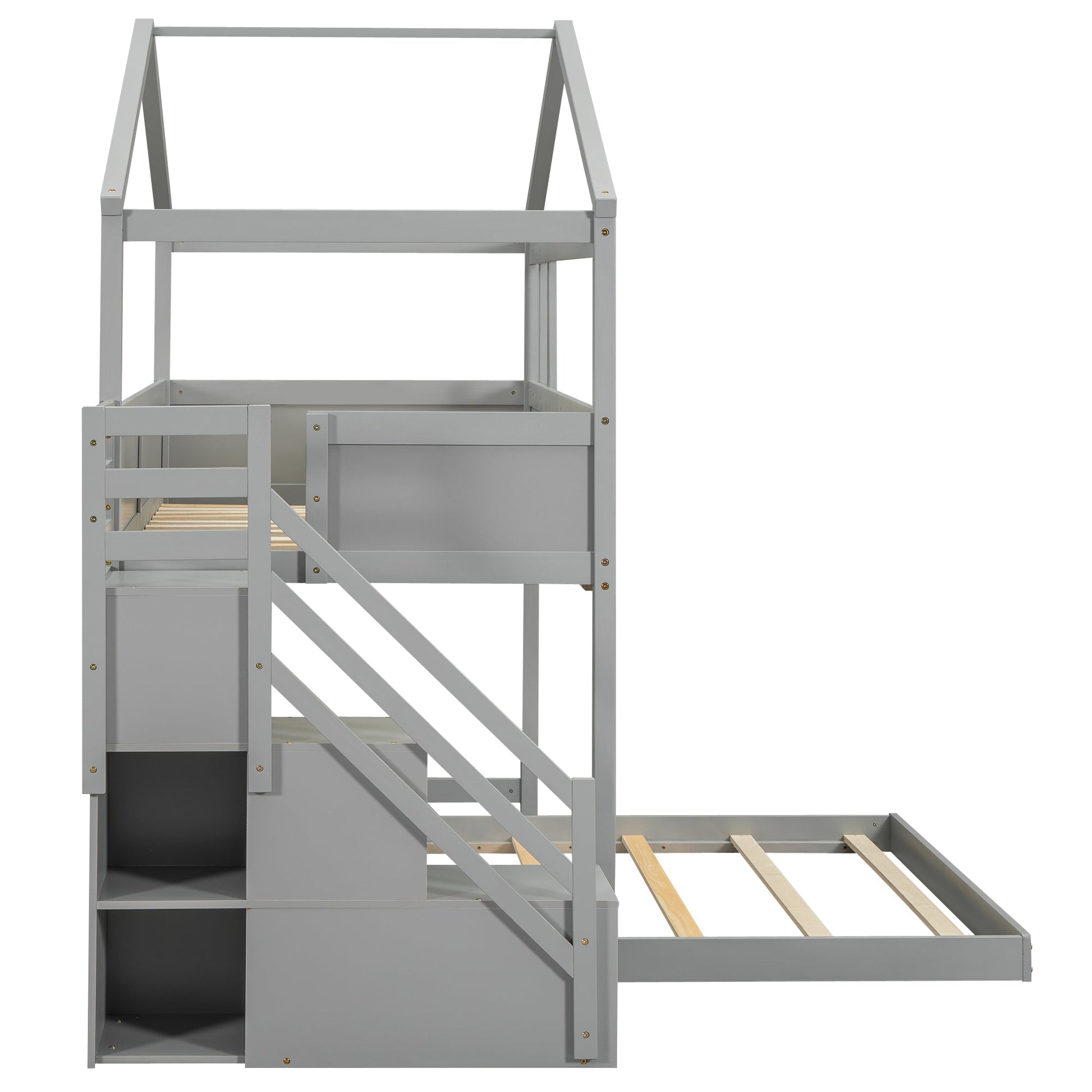 Twin over Full House Bunk Bed with Storage Staircase and Blackboard Gray - Korvel