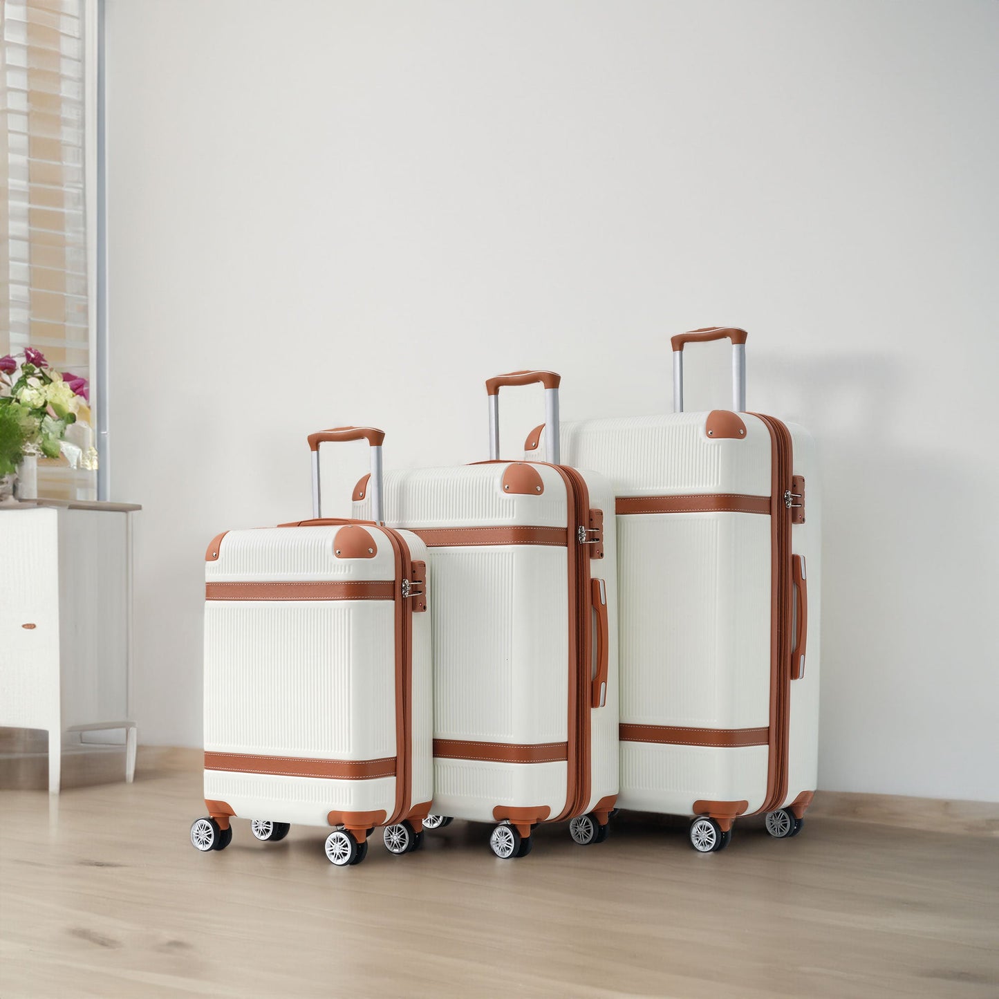 Hardshell Luggage Sets 3 Piece double spinner 8 wheels Suitcase with TSA Lock Lightweight 20''24''28'' White + ABS - Korvel