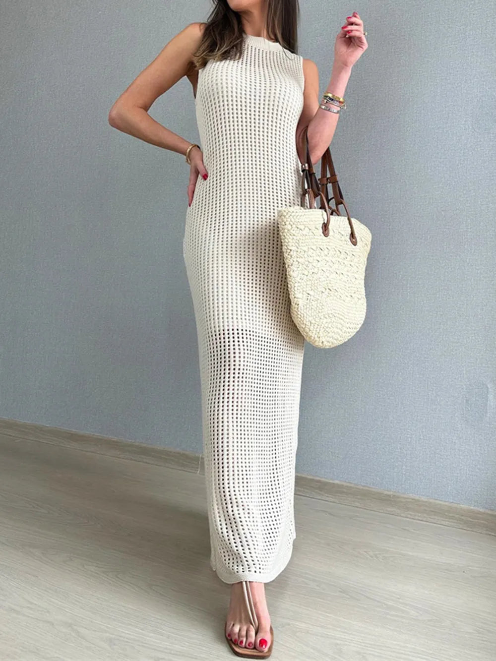 Openwork Slit Round Neck Cover-Up - Korvel
